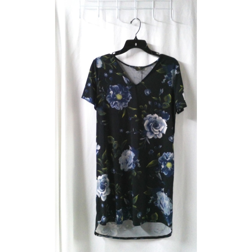 Christian Siriano New York Womens Black‎ Blue Floral V-Neck Shift Dress Size M